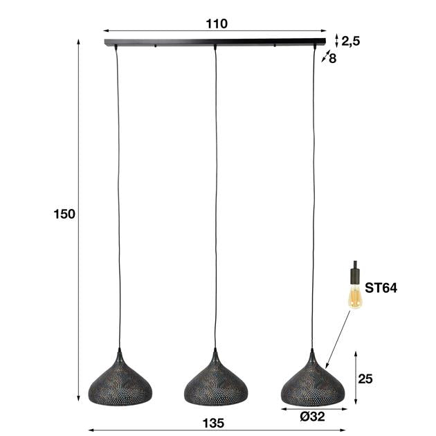 Hanglamp set van 3 Mira Michelle Zwart Bruin Ø32cm - Industrieelinhuis.nl