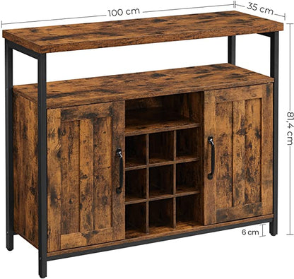 Houten wijnkast - sidetable met vakken voor wijnflessen