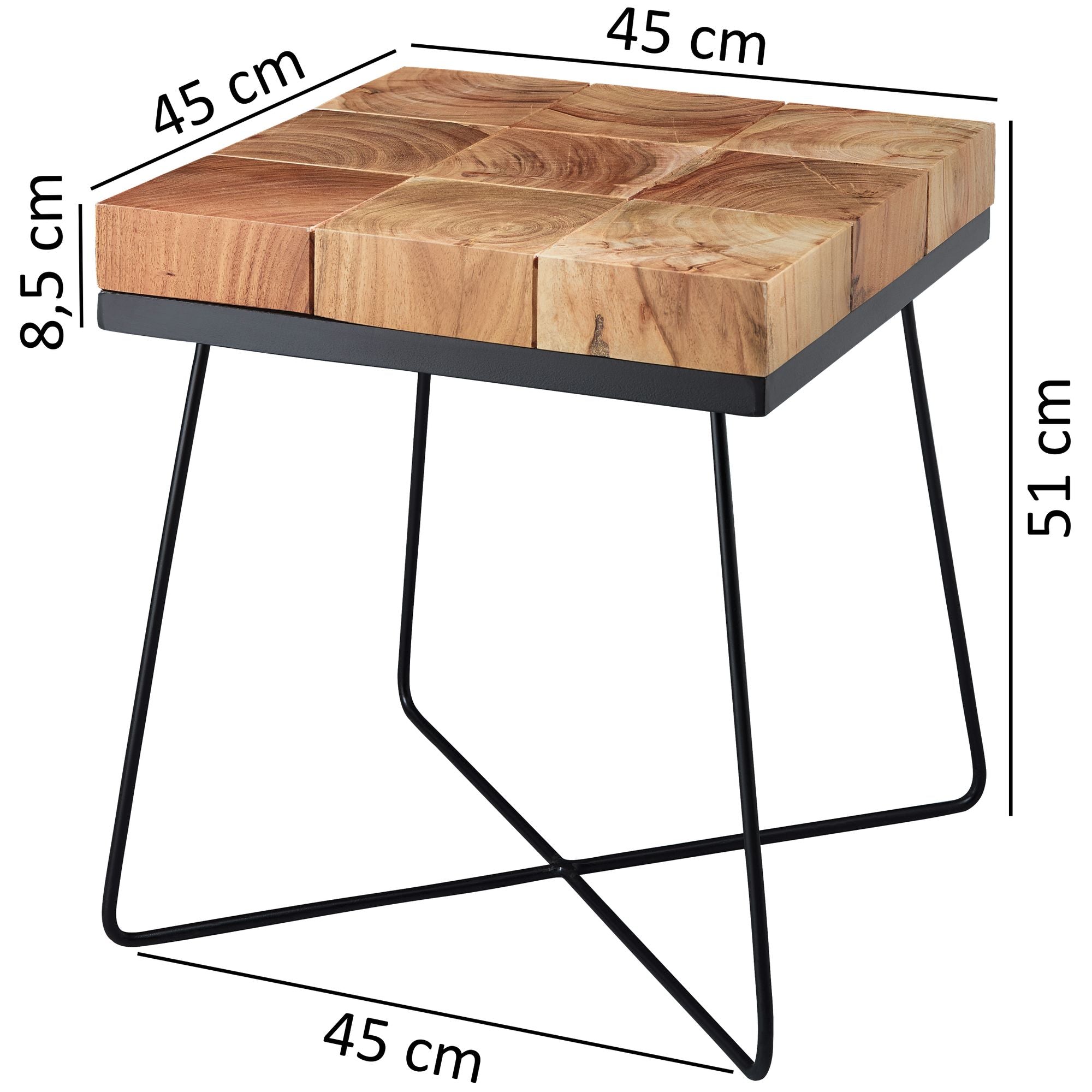 Beistelltisch 45 x 45 x 51 cm Akazie Massivholz mit Metallgestell | Industrial Anstelltisch Quadratisch Massiv Holz Tisch Braun | Wohnzimmertisch Modern Holztisch mit Metallbeinen - Industrieelinhuis.nl