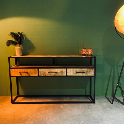 Sidetable Dressoir Jax Visgraat Industrieel Design | Mangohout en Staal | 140x30x78cm - Industrieelinhuis.nl