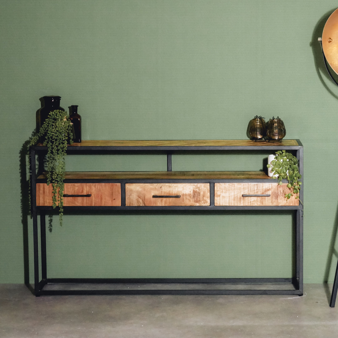 Sidetable Dressoir Jax Visgraat Industrieel Design | Mangohout en Staal | 140x30x78cm - Industrieelinhuis.nl