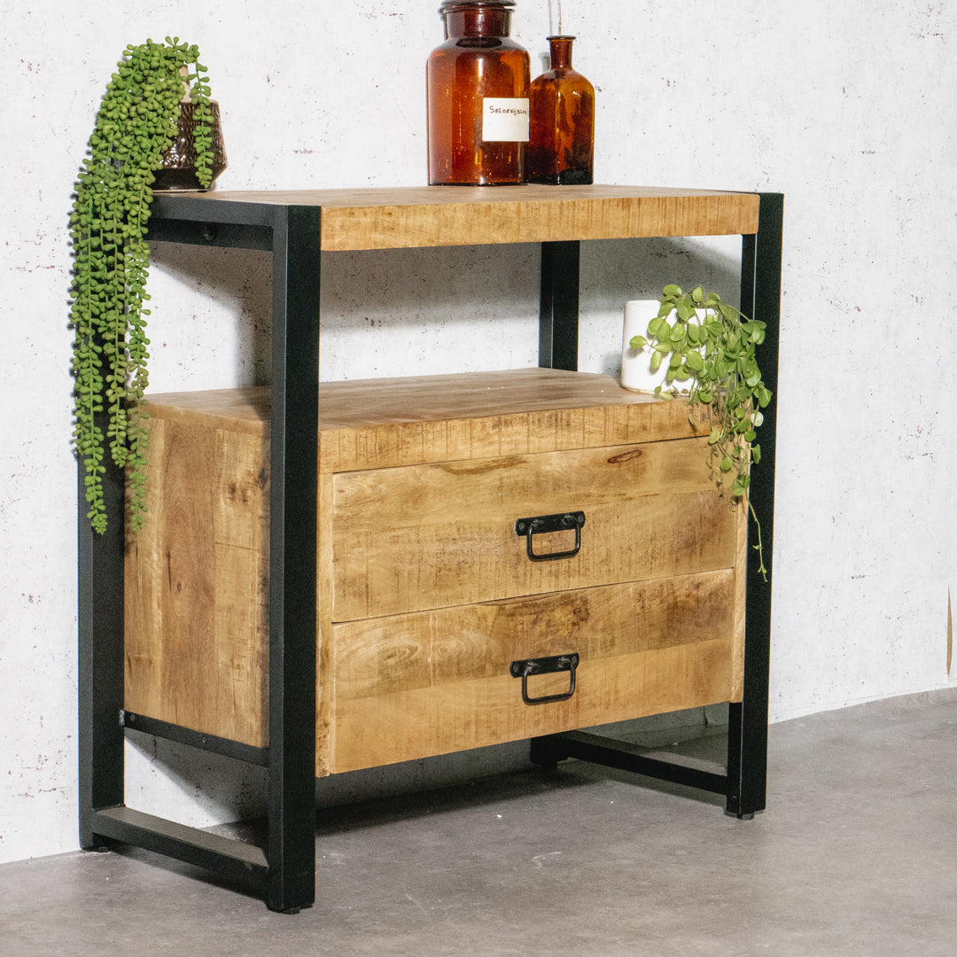 Sidetable / Dressoir Kastje 2 lades Industrieel Design | Mangohout en Staal | 80x40x80cm - Industrieelinhuis.nl