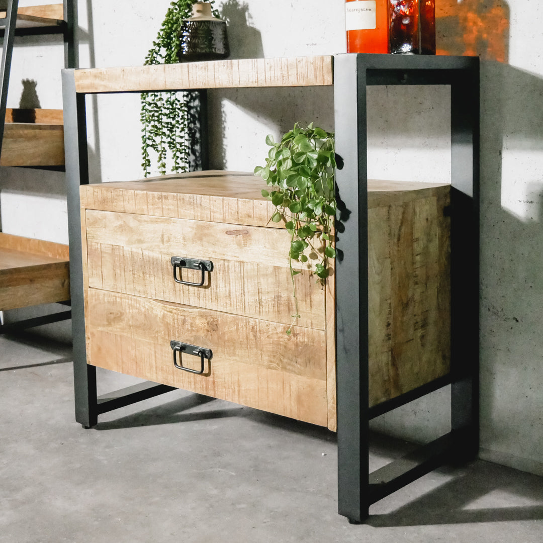 Sidetable / Dressoir Kastje 2 lades Industrieel Design | Mangohout en Staal | 80x40x80cm - Industrieelinhuis.nl