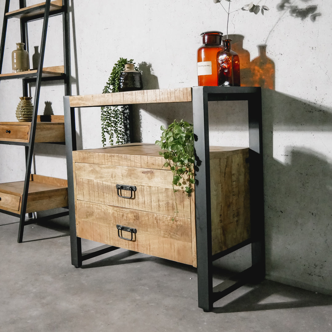 Sidetable / Dressoir Kastje 2 lades Industrieel Design | Mangohout en Staal | 80x40x80cm - Industrieelinhuis.nl