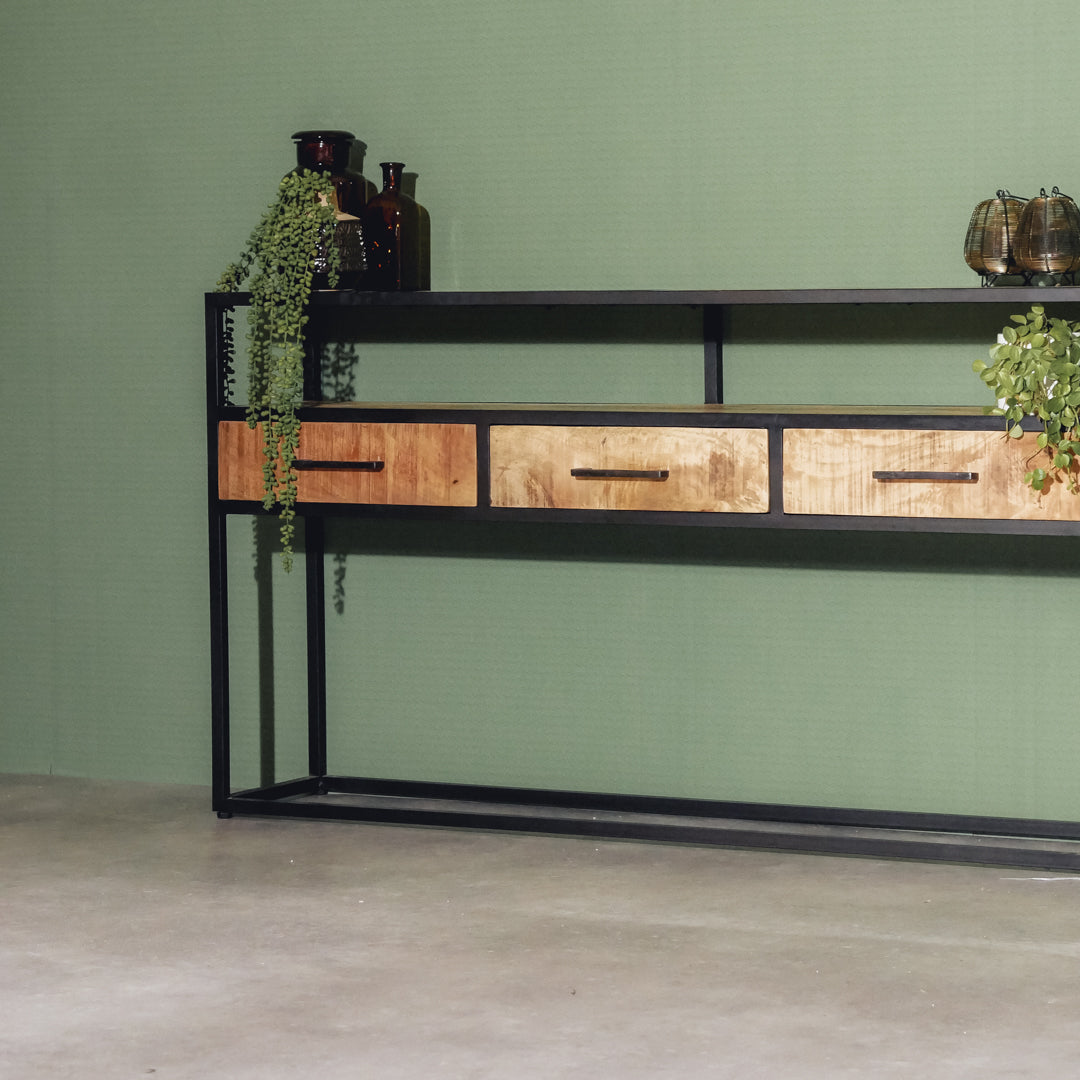 Sidetable Dressoir Jax Visgraat Industrieel Design | Mangohout en Staal | 140x30x78cm - Industrieelinhuis.nl